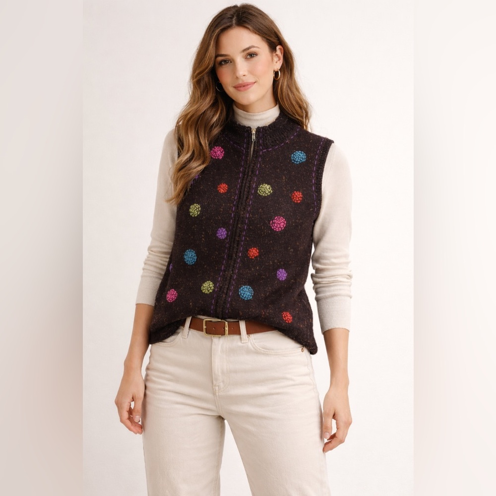 Coldwater Creek Zip Sweater Vest XL Confetti‎ Knit Wool Blend Cozy Cottage